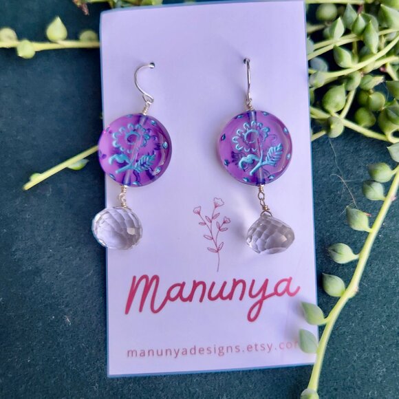 Dangle Flower Earrings - Blue, Green, Purple - Picture 9 of 13